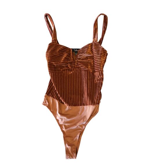 Lulus Velvet Bodysuit S Womens Copper Sleeveless V Neck Sexy One Piece - Picture 1 of 5